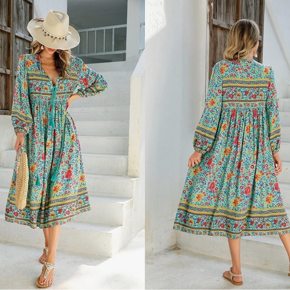 Aqua Summer Long Sleeve Midi Dress with Tie Top Detail size xxl - Picture 3 of 5